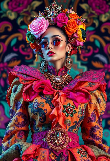 maximalist fashion model, (opulent layers:1.6), intricate baroque patterns, vibrant neon colors, eclectic mix of luxurious fabrics, oversized accessories, (exaggerated proportions:1.5), heavy ornamentation, rich textures, (bold geometric shapes:1.4), surreal colors, intricate embroidery, futuristic and retro fusion, (high fashion avant-garde:1.5), lavish jewelry, dramatic lighting, maximalist aesthetic, (ornate floral motifs:1.6), grandiose design, dazzling textures, abstract elements, luxurious opulence, (highly detailed:1.6), 8k ultra-detailed, artistic expression, chaotic harmony