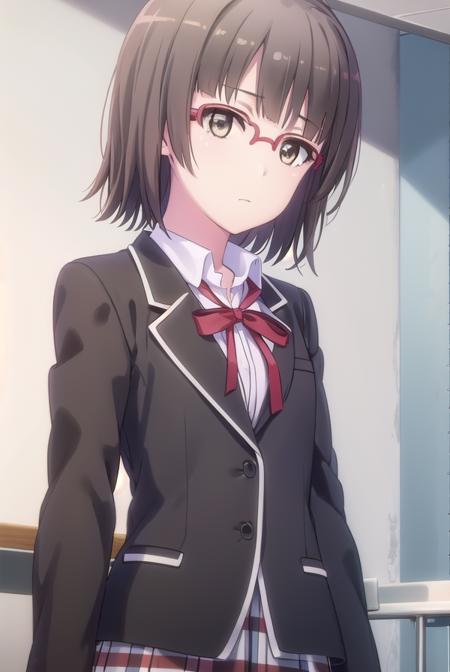 hinaebina, <lora:hina ebina s2-lora-nochekaiser:1>,
hina ebina, short hair, brown hair, black hair, (brown eyes:1.5), glasses,
BREAK skirt, ribbon, school uniform, jacket, black jacket, plaid, plaid skirt, blazer, sobu high school uniform,
BREAK indoors, classroom,
BREAK looking at viewer,
BREAK <lyco:GoodHands-beta2:1>, (masterpiece:1.2), best quality, high resolution, unity 8k wallpaper, (illustration:0.8), (beautiful detailed eyes:1.6), extremely detailed face, perfect lighting, extremely detailed CG, (perfect hands, perfect anatomy),