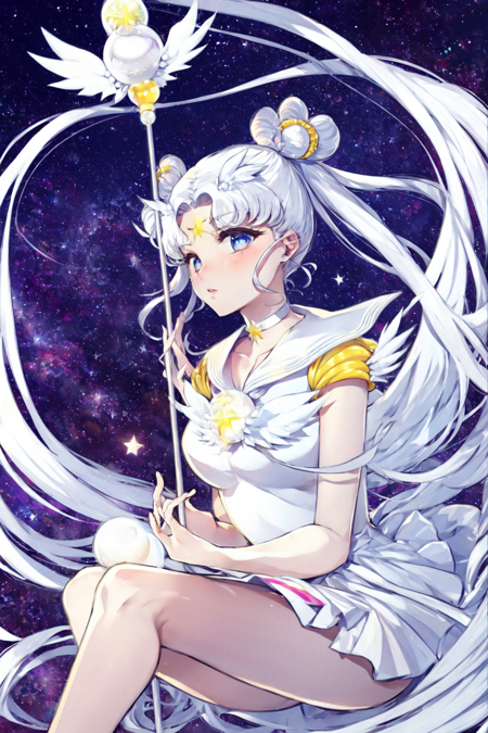 <lora:Sailor_Cosmos-10:1> sailor collar, white sailor collar, sailor senshi uniform, magical girl, long hair, white choker, white hair, blue eyes, hair bun, choker, double bun, twintails, facial mark, 1girl, brooch, staff, jewelry, hair ornament, forehead mark, hairpin, very long hair, star \(symbol\), dynamic angle