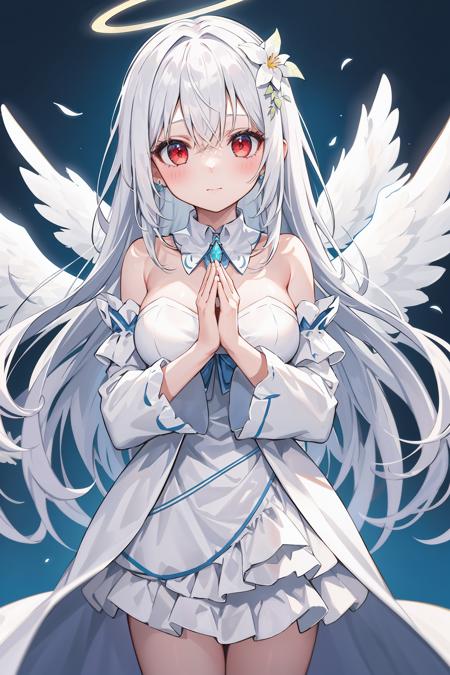 1girl, solo, wings, long hair, halo, dress, looking at viewer, own hands together, red eyes, bare shoulders, blue background, white dress, angel wings, white hair, detached sleeves, angel, hair between eyes, closed mouth, feathered wings, bangs, wide sleeves, hair ornament, flower, white wings, glowing, long sleeves, jewelry, large breasts, strapless, hands up, cowboy shot, strapless dress, detached collar, very long hair, hair flower, simple background, standing, praying, laurel crown, multiple wings