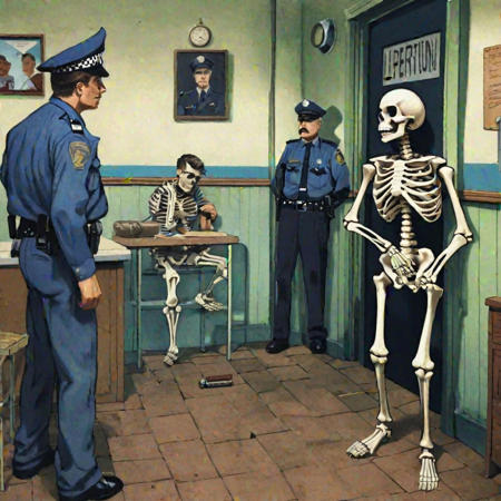 A police station, interrogation going on, healthy skeleton wearing shorts, cops looking at him angrily, old furniture, name boards, weapons, staff