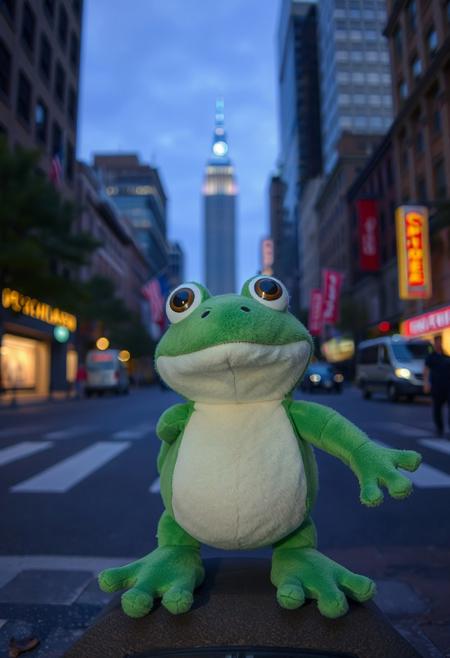 A soft cute , wise and cheerful stuffed frog named Freddy, happily arrives downtown in a big city looking for fun adventure with others
