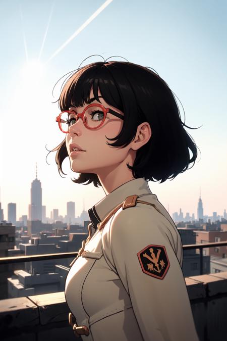 1girls, (upper body:1.3), (looking at viewer:1.2)
(thick rim glasses:1.3), stylish hair, medium hair, swept bangs, black hair, jacket, stylish
BREAK <lora:Ilya Kuvshinov [MockAi - v1.0]:0.95> ilyakuvshinov, (painterly style), (cinematic composition:1.4), expert shading, semi-realistic, (overexposed background:1.2), backlight, white background, simple background, city backdrop, lens flare
BREAK intricate details, (masterpiece:1.3), (best quality:1.3), (perfect anatomy:1.4) BREAK