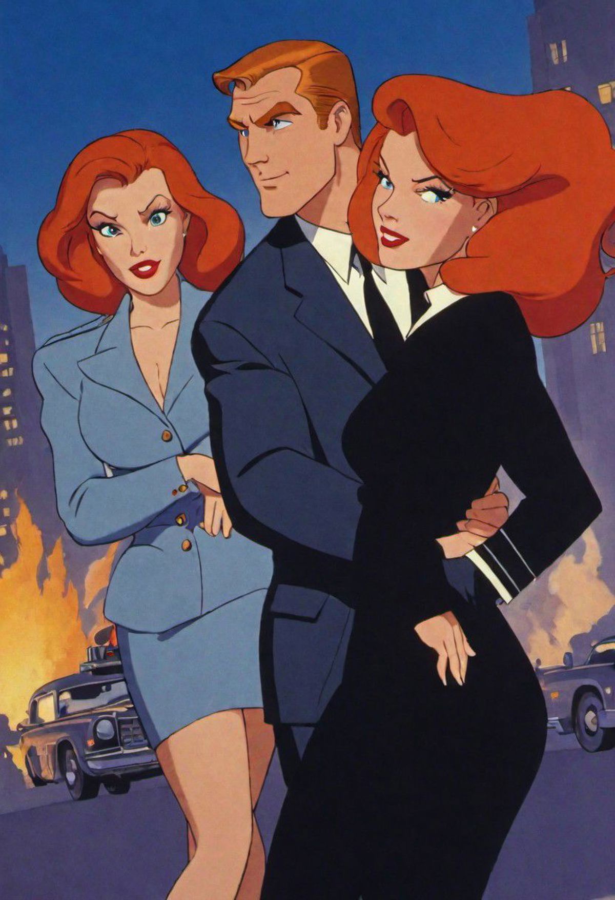 A comic book illustration of a man and two women in a city setting.