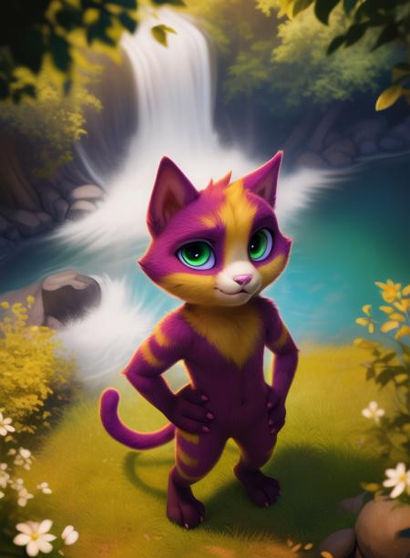 LinoCatUmaAve, cat, pink nails, ,  purple fur with yellow, tail, pink nose, light green eyes,