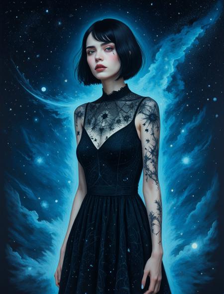 A chalk-drawn surreal portrait of a beautiful woman with sharp features and short jet-black hair, dressed in a minimal dress with intricate, gothic-inspired cutouts. The backdrop is a starry night with glowing nebula-like pastel accents, creating a visually stunning and highly detailed composition
