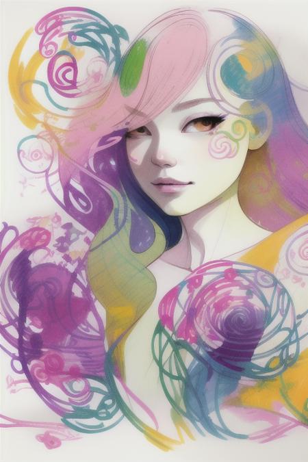 <lora:DanniLuo:1>, DanniShinayaLuo, sketch of a woman symbolizing spring, color, mysterious swirling shapes, art