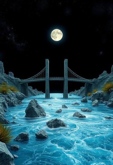 A river stretches out with its blue green surface rippled from a strong wind that blows. From it's surface jagged, crystal shards protrude randomly , the fast flowing water rising over them in a rainbow spray. In the center, slender columns, etched with alien symbols, support a fabulous gossamer bridge. Behind it a bright, ringed moon illuminates the scene, while the Inky black sky reveals shimmering galactic nebula. On the riverbank, tall alien plants add an otherworldly atmosphere to the stark, rugged landscape.