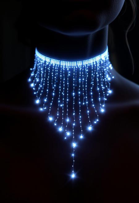 subdermal LED cascade necklace, (internal LED glow:1.7), (embedded LEDs:1.7) forming a cascading, layered pattern of glowing light beneath the skin, (delicate light strands:1.7) flowing down from the collarbone, mimicking the elegance of a waterfall necklace, soft light radiating from the top downwards, (layered light effect:1.6), high-definition, (natural skin tone:1.5), (ultra-realistic skin textures:1.8), smooth, graceful transitions of light following the neck’s natural contours, (no visible jewelry:1.8), (chains:-1.8), (rigid design:-1.5), glowing cascade effect under the skin, timeless, elegant, and perfect for formal occasions