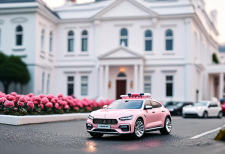 Tilt-shift photo of <lora:Alexander McQueen-art deco:1>,Alexander McQueen,, city street,street,street photography,<lora:Beeple_scenery:1>,Beeple,scenery,a white car parked in front of a large white house with pink flowers in front of it and a white car parked in front of it,, <lora:Metroplex Base:0.4>,a city scnery,, <lora:LetThereBeLight:0.3>,Beeple,lighting, . Selective focus, miniature effect, blurred background, highly detailed, vibrant, perspective control