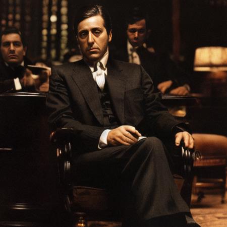 a picture of MichaelCorleone sitting, surrounded by gentlemen, <lora:MichaelCorleone:1>