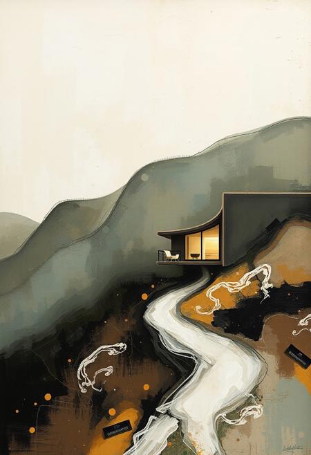 Home feels far, yet close., expressive landscape painting meets organic architectural minimalism, gestural abstraction fused with fluid structural form, atmospheric textures with flowing geometric rhythm, emotional environments blending built and natural elements, earthy painterly tones with light-filled modern design, poetic solitude in abstracted urban space, textured brushwork meets conceptual transparency, spontaneous composition with architectural precision, moody impressionism merged with soft, curved spatial design, memory-driven spaces with contemporary lightness, meditative tone, natural form in structural abstraction