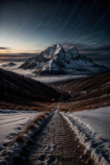 (masterpiece, best quality, highres:1.2), otherwordly snowy landscape, eerie atmosphere, night sky, foggy,