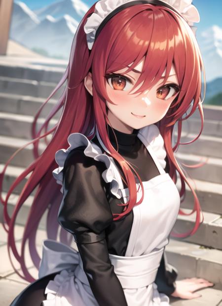 <lyco:shana1-000008:1.0>, shanared, maid outfit, upper body, smile, blush, outdoors, day, simple background, blue sky, sky, temple, looking at viewer, stairs, mountain, moody lighting, facing viewer,