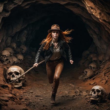 Woman running towards the camera, inside a dark cave. A giant rocky sphere is behind her.
She's wearing a brown fedora, brown leather jacket, baggy pants.  There are lots of skulls and bones on the ground.
She has a worried look on her face.  She has long flowing orange hair.
A leather whip is coiled up on her hip.