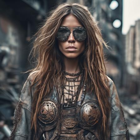 <lora:alexachung_xl_lora_25:1> alexachung  a hyper realistic ultra detailed photograph of a futuristic beautiful barbarian woman wearing sunglasses at a dystopian city, tattered outfit with rusty metal armor plates, long wild hair, tattooed hands and body, fashion pose, detailed symmetric beautiful hazel eyes, detailed gorgeous face, apocalyptic environment