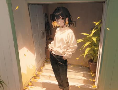 an extremely delicate and beautiful girl, 8k wallpaper, masterpiece,Cinematic Lighting, best quality,Illustration,detailed face depiction,
( strong lighting:1.5),1girl, solo, stairs, black hair, pants, white sweater, long sleeves, sweater, leaf, plaid, standing, shoes, holding, looking at viewer, black footwear, plaid pants, bangs, plant, autumn leaves, medium hair, hand in pocket, brown pants, bag, wide shot, window, door