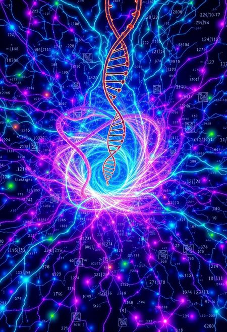 A vibrant, swirling vortex of interconnected neurons forms the central focus, pulsing with electric blues, vivid purples, and glowing greens. These neural pathways morph seamlessly into streams of binary code and floating mathematical equations.
Emerging from this neural network is a 
A DNA helix spirals upward, gradually transforming into a string of QR codes and complex algorithms.