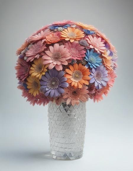 A vibrant bouquet of flowers, each petal made from mad-shingles, arranged in a crystal vase. <lora:Shingles_SDXL:1>