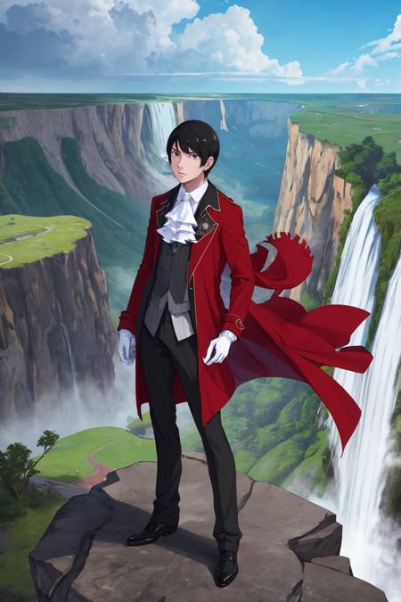 masterpiece, best quality,  <lora:VincentVollachiaV1-000090:0.9>, Vincent, 1boy,  white_gloves, standing, black_hair, brown_eyes, red_coat,  owboy_shot, black_pants, looking off of cliff edge, giant waterfall filling the horizon