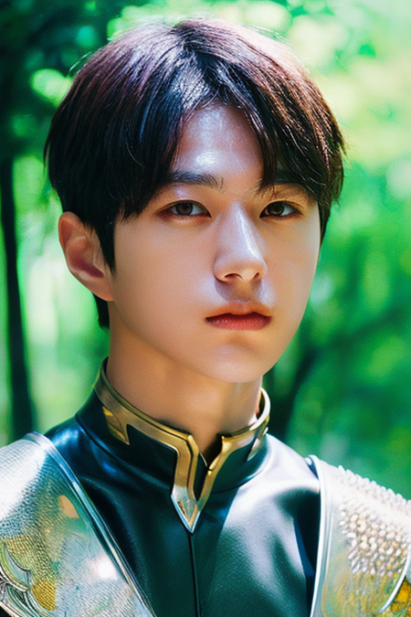 1boy, solo, male focus, (looking at viewer,close-up:1.2), short hair, armor, crystal fractural, reflections, dramatic lighting, refraction, realistic, photorealistic (masterpiece, best quality)(mid body), outdoors, out of the city, border light