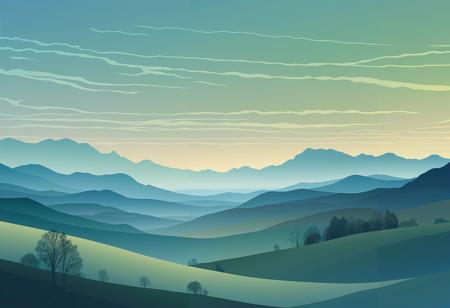 Digital drawing in the style of multicolored landscapes, romantic scenery, soft gradients, gothic illustration, olive green and sky blue