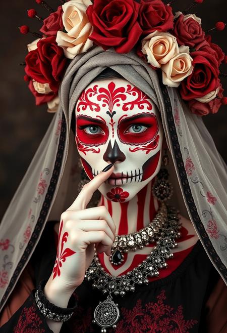 a woman with red and white makeup dia de los Muertos in the shape of skulls, wearing an elaborate headdress and veil holding her finger to lips, wearing ornate jewelry, full body shot, photorealistic, Delftware porcelain pattern skull style face painting,