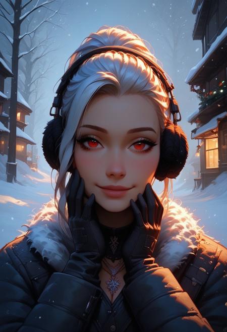 score_9, score_8_up, score_7_up, score_6_up, 1girl, breasts, necklace, sexy face, ponytail hairstyle, winter coat, earmuffs, gloves, winter boots, white hair, long hair, red eyes, shy smile, blushing, beautiful lights, flirtatious, looking at viewer, seductive, Outside, snowing, snowflakes falling, 
View from the front, face focus, closeup, close up,