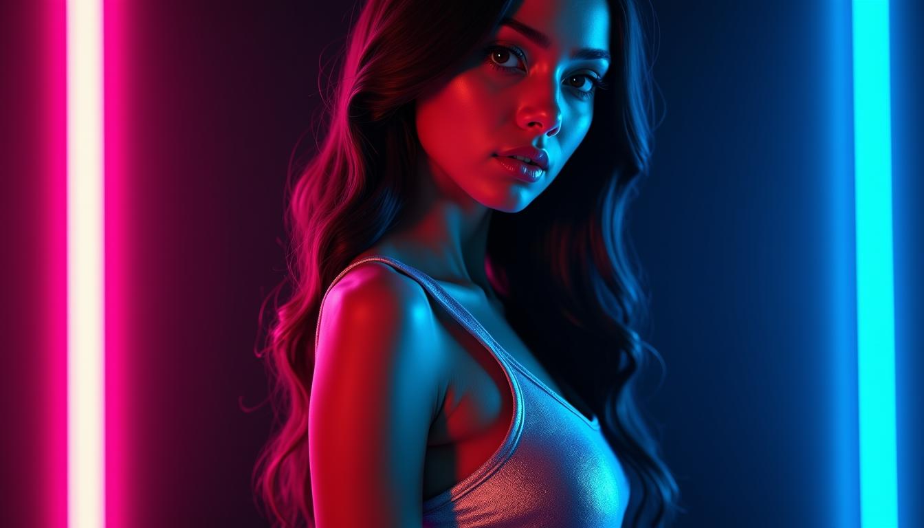 A hyperrealistic 4K portrait of a stunning Filipina woman bathed in vibrant neon lights, blending elegance with a futuristic allure. She stands in profile, her shapely yet feminine figure accentuated by a sleek, form-fitting metallic silver dress that glows in the neon pink and blue lights surrounding her. The dress clings smoothly to her body, highlighting her curves and catching the light to showcase its intricate texture. Her brown skin contrasts beautifully with the cool gray and neon hues, creating a striking dual-toned effect. Her long black hair is styled in a loose updo, with soft tendrils framing her gorgeous, highly detailed face. Her full lips are slightly puckered, and her deep brown eyes reflect the neon glow, captivating the viewer with their intensity. The background is a dramatic, deep black, with bold neon highlights wrapping around her, adding depth and a cyberpunk-inspired atmosphere.