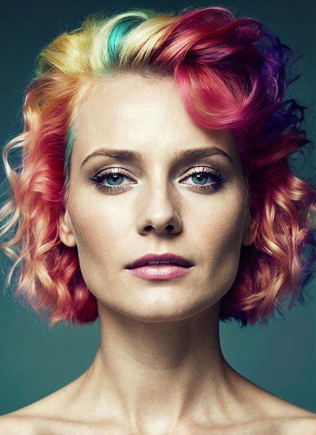 portrait of sks woman by Flora Borsi, style by Flora Borsi, bold, bright colours, rainbow Mohawk haircut, ((Flora Borsi)), <lora:lora_diane_v1_from_v1_160:1>