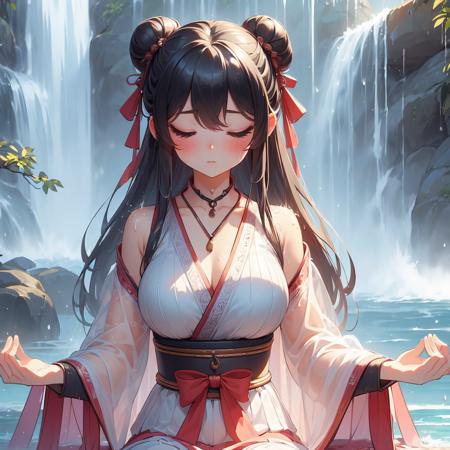 (((masterpiece))),  (((best quality))),  (((takigyo))),  ((mudra)),  close hands together,  (((meditation under waterfall))),  falling water hitting body,  close eyes,  see through hanfu,  solo,  1girl,  big tits,  sweat,  ribbon,  twin bun hair,  shy,  blush,<lora:EMS-277088-EMS:1.000000>