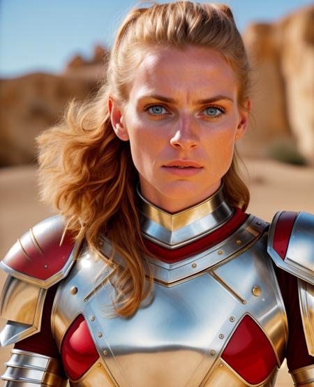 warrior, realistic, HD, 8k, dress white, 1980s, beauty face, armor gold, skirt red, ((realism)), extremely high quality RAW photograph, ultra detailed photograph, sharp focus, high resolution, (detailed skin:1,3),high quality, film grain, Fujifilm XT3,Highly Detailed, movie,