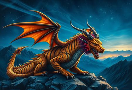 A tiger-striped dragon with sharp scales.  Two hons.  Dragon Wings.
Background mountains at night. Cosmic skyscape.  Synthwave colorscheme. Very realistic, in the style of an oil painting.