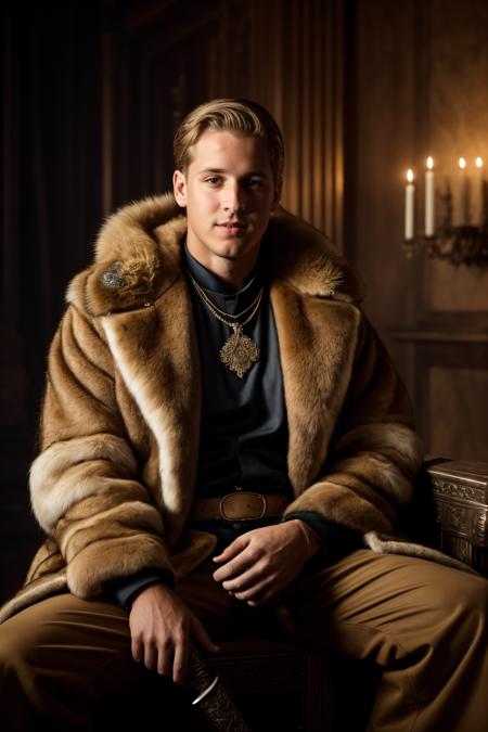 ((Jared Goff)), lion pelt, sitting on throne, close shot, (stubble), viking throne room, winter clothes, looking at viewer, fur coat, open coat, realistic, solo, perfet face, lips, solo, (holding weapon), wearing kings crown,  best quality, extremely detailed face, perfect lighting male focus , sharp focus, dramatic, award winning, cinematic lighting, octane render unreal engine, volumetrics dtx, (masterpiece), (extremely intricate:1.3), (realistic) ultra detailed, 8k, cg 4k uhd, dslr, high quality, Fujifilm XT3 masterpiece, hyperrealism