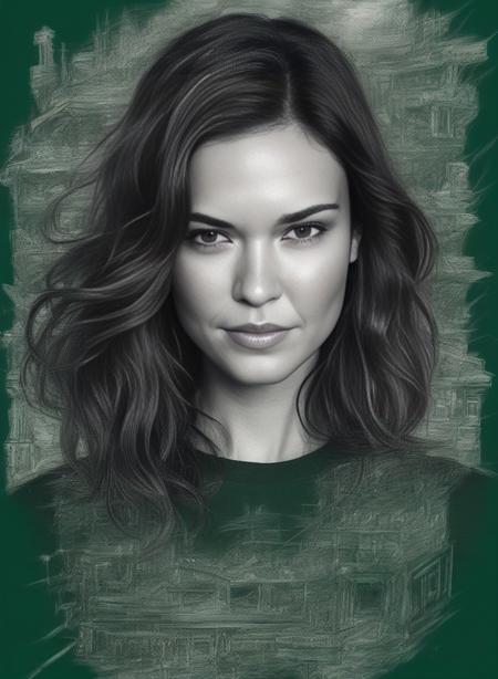 OdetteAnnable, portrait,close up of a Distinctive Intricate small Daria, Missionary, Sketch, Grindhouse, Rembrandt lighting, F/2.8, dark green explosions, lots of details, <lora:OdetteAnnableSDXL:1>