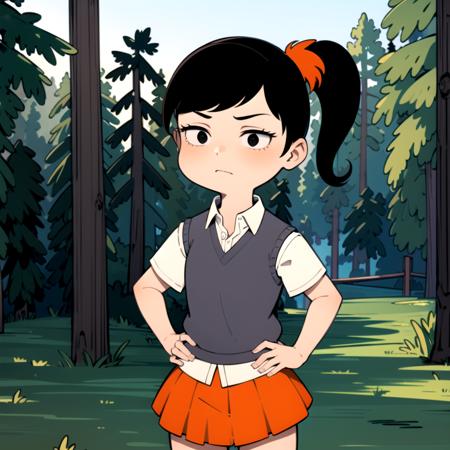 1girl, solo,akiko yoshida, black hair, ponytail, sweater vest, school uniform, orange skirt, black eyes,  shirt, short sleeves,