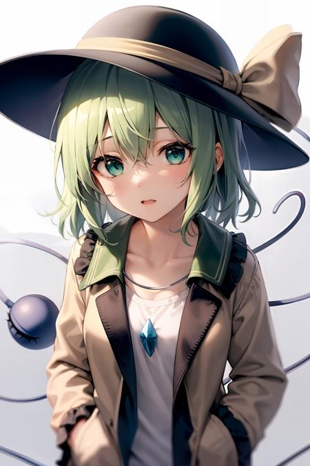 masterpiece, best quality,  <lora:KomeijiKoishi:1>,1girl, solo, komeiji koishi, hat, green eyes, looking at viewer, third eye, shirt, upper body, black headwear, ribbon, long sleeves, short hair, jacket, hat ribbon, white shirt, yellow ribbon, bangs,  hat bow, open clothes, alternate costume, coat,brown jacket, hand up, green hair, hair between eyes, crystal, open jacket, collarbone, yellow bow, hand in pocket, bow, brown coat, medium hair, aqua hair, eyeball, blue hair, casual,