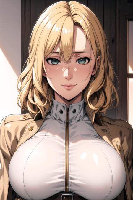 Simple White Background,
belt,brown jacket,long sleeves,thigh strap,white shirt, military uniform, Black_pencil_skirt,pantyhose, thighs,midriff, navel,
<lora:Hitch_Dreyse_AOT-KK77-V2:0.7>,
blonde hair,Green eyes,bangs,wavy short hair, (hair between eyes:1.3),
<lora:Oda_Non_Style-KK77-V2:0.3>,<lora:more_details:0.1>,
1 girl, 20yo,Young female,Beautiful Finger,Beautiful long legs,Beautiful body,Beautiful Nose,Beautiful character design, perfect eyes, perfect face,expressive eyes,perfect balance,
looking at viewer,(Focus on her face),closed mouth, (innocent_big_eyes:1.0),(Light_Smile:0.3),
official art,extremely detailed CG unity 8k wallpaper, perfect lighting,Colorful, Bright_Front_face_Lighting,White skin,
(masterpiece:1.0),(best_quality:1.0), ultra high res,4K,ultra-detailed,
photography, 8K, HDR, highres, absurdres:1.2, Kodak portra 400, film grain, blurry background, bokeh:1.2, lens flare, (vibrant_color:1.2),professional photograph,
(Beautiful,large_Breasts:1.4), (beautiful_face:1.5),(narrow_waist),