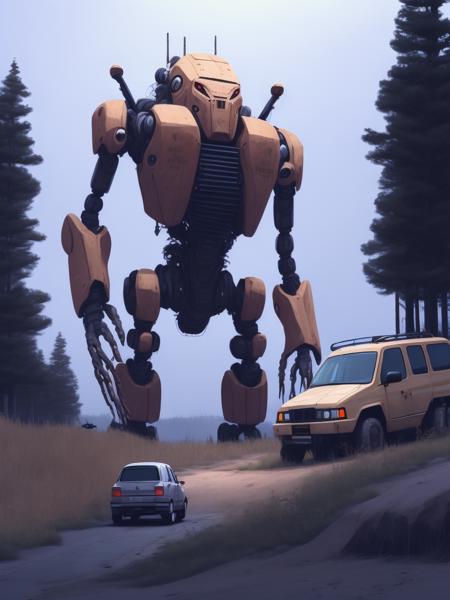 <lora:21Stalenhag:1>a car driving down a dirt road next to a giant robot by Simon Stlenhag