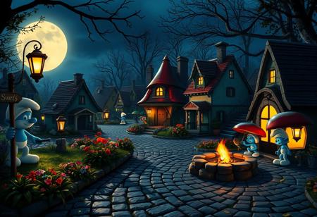 The camera drifts into Smurfs Village under the cloak of night, revealing a whimsical scene bathed in the soft glow of moonlight. The iconic mushroom-shaped houses, each with its own unique color and charm, cast long shadows on the ground, adding an air of mystery and wonder. The cobblestone paths are dimly lit by lanterns hanging from signposts, flickering gently like fireflies. You can almost hear the faint rustle of leaves and the distant chorus of crickets, harmonizing with the soft, tranquil murmur of a nearby brook. As the camera glides closer, you see Smurfette's garden, where vibrant flowers seem to shimmer under the moonlight, their petals swaying gently in the night breeze. The faint aroma of blooming flowers fills the air, mixing with the scent of fresh earth and pine. Papa Smurf's house, with its distinctive red cap roof, stands at the center, an inviting glow emanating from the windows. The camera then pans to the village square, where the communal fire pit, now a bed of glowing embers, tells stories of the evening's merrymaking. In the distance, you spot a few Smurfs wrapping up their late-night tasks, their tiny silhouettes moving gracefully as they prepare for a peaceful slumber. The camera finally ascends, capturing a panoramic view of the serene, enchanting Smurfs Village, cradled in the heart of the enchanted forest, bathed in silver moonlight