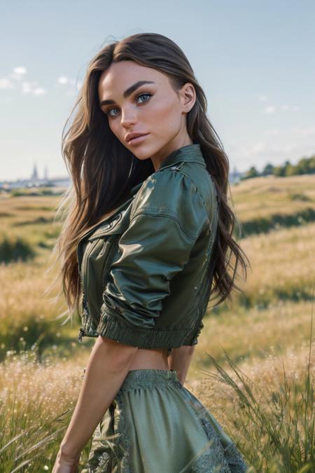 photo of S108_KaylaDavies, a stylish woman, in a (grass-field:1.2), wearing a (summer-jacket:1.1) and a (long-skirt:1.1), (sunny:1.2),  (8k, RAW photo, best quality, depth of field, ultra high res:1.2), (absurdres, intricate, photorealistic, masterpiece, ultra-detailed, Unreal Engine:1.3)
