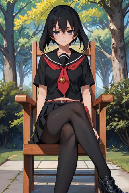 (masterpiece, best quality:1.2), solo, 1girl, kurome, smile, looking at viewer, sitting, crossed legs, chair, school uniform, black serafuku, black skirt, pantyhose <lora:agk_kurome:1.0>