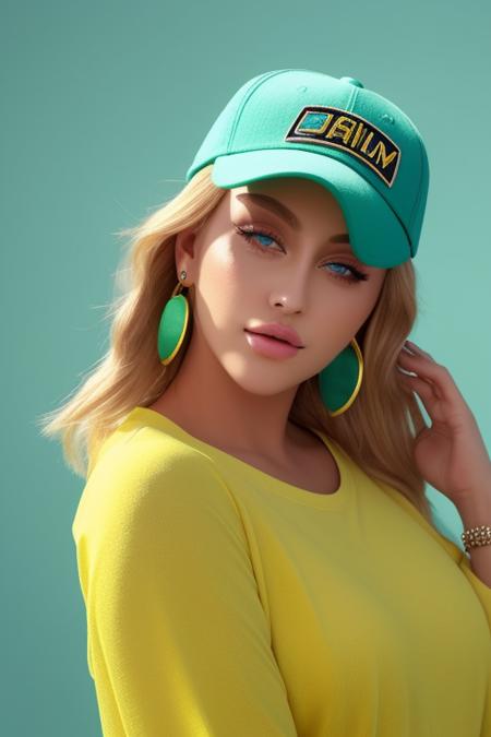 masterpiece, best quality, 1girl, aqua eyes, baseball cap, blonde hair, closed mouth, earrings, green background, hat, hoop earrings, jewelry, looking at viewer, shirt, short hair, simple background, solo, upper body, yellow shirt  