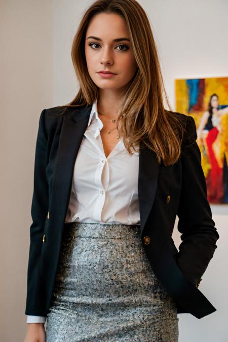 RAW photo of makraine, closeup,Leading discussions in a Pencil skirt and tailored blazer in a chic art gallery, (high detailed skin:1.2), 8k uhd, dslr, soft lighting, high quality, film grain, Fujifilm XT3, <lora:makraine:1>