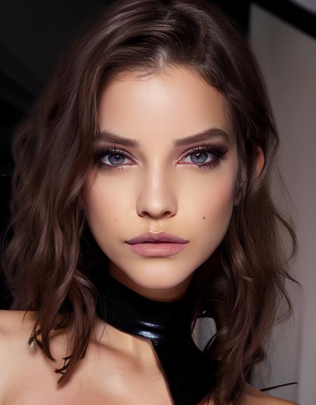 Portrait of a ((stunning)) woman, black choker, 4K, high quality, masterpiece,ethereal,looking at the camera,  <lora:barpalvin2-15:0.8>, full lips, ((glossy lips))