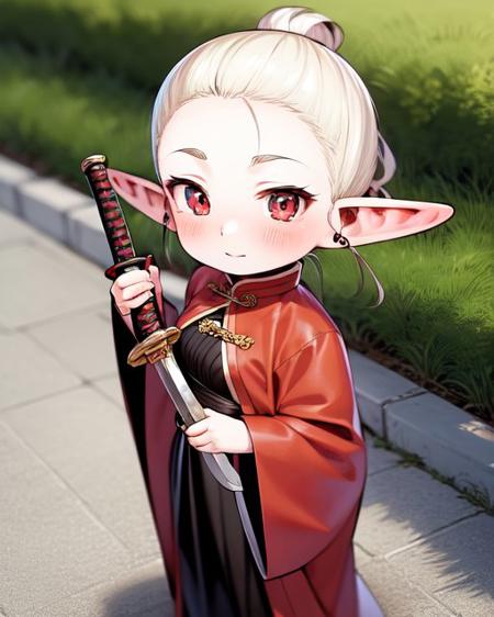 <lora:Synecdoche:1.2>, chibi,
1girl, elf, pointy ears, wearing (swordswoman) outfit, happy