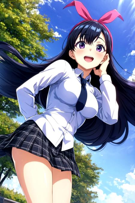 MGCM ira, long hair, black hair, hair ribbon, purple eyes, MGCM costume, white shirt, long sleeves, black necktie, pleated skirt, black socks, brown footwear, <lora:MGCM_ira_ep15:0.7>, BREAK (medium breasts), anmnr, <lora:anmnr01:0.17>, beautiful, masterpiece, 8K resolution, extremely detailed face, 1girl, Beautiful woman, 20 years old, eye highlights, cowboy shot, (from below), looking at viewer, looking up, smile, Close ~ eyes, open mouth, blush, BREAK (fixing hair:1.2), (leaning forward:1.2), wind lift, floating hair, BREAK anime background, outdoors, daytime, park, lawn, streetlight, warm sunlight, clouds, grassland, <lora:flat2-dim1:-0.5>