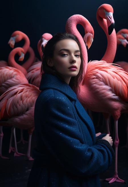 cinematic photo of a woman with a pink feather coat hugging a group of elegant pink flamingos in a black studio background, surrealism, coat designed by Balenciaga, nostaligic mood, dark blue, rembrandt lighting, blue and warm lights, shot with Hasselblad X1D, A cinematic, hyper-detailed, National Geographic-style composition, shot with a Canon EOS R5, f/1.4 aperture, soft bokeh background, 8K resolution, photorealistic,