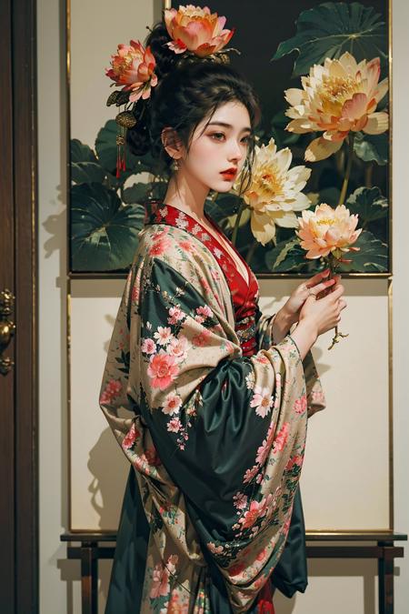 a painting of a woman in a kimono holding a flower in her hand and a painting of a man in a suit behind her, 1girl, flower, red lips, solo, black hair, hair ornament, holding, long sleeves, updo, profile, hanfu, makeup, lipstick, wide sleeves, chinese clothes, from side, dress, standing, red flower, red nails, shawl, holding flower, red dress, hair flower, hair stick, indoors, shadow, floral print, jewelry, lotus, hands up, norfleetï¼
Best quality,masterpiece,ultra high res,<lora:jyy:0.7>,