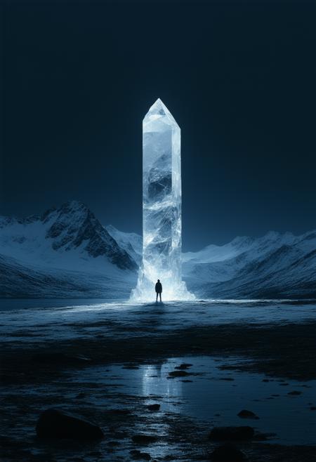 A solitary human figure, small against the immensity of a crystalline monolith piercing a rocky shoreline. Snow-capped mountains loom in the distant, blurred background. Rendered in a minimalist style: shimmering white light delicately illuminates the monolith and figure, contrasting sharply against a midnight black, perfectly flat background. Linear shapes define the composition - the sharp edges of the crystal, the gentle curve of the shoreline, the geometric forms simplifying the mountains. Impressionistic brushstrokes suggest movement in the snow and water, while retaining a sense of serene uniformity. Focus on clear lines, gentle curves, and a reduction of form to emphasize the monolith's otherworldly presence. Cinematic lighting, 8k resolution, photorealistic, ethereal, tranquil, contemplative.